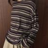 Johnature Autumn Winter Korean-style Simple Lazy Color-block Stripe Round Neck T-shirt Loose Comfortable Top For Women