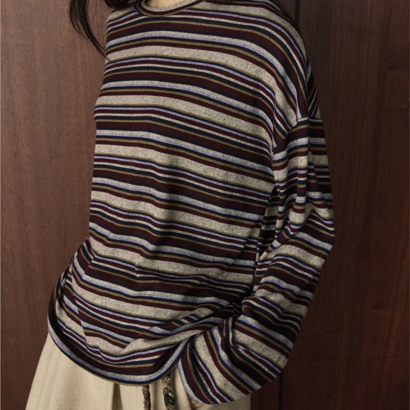 Johnature Autumn Winter Korean-style Simple Lazy Color-block Stripe Round Neck T-shirt Loose Comfortable Top For Women