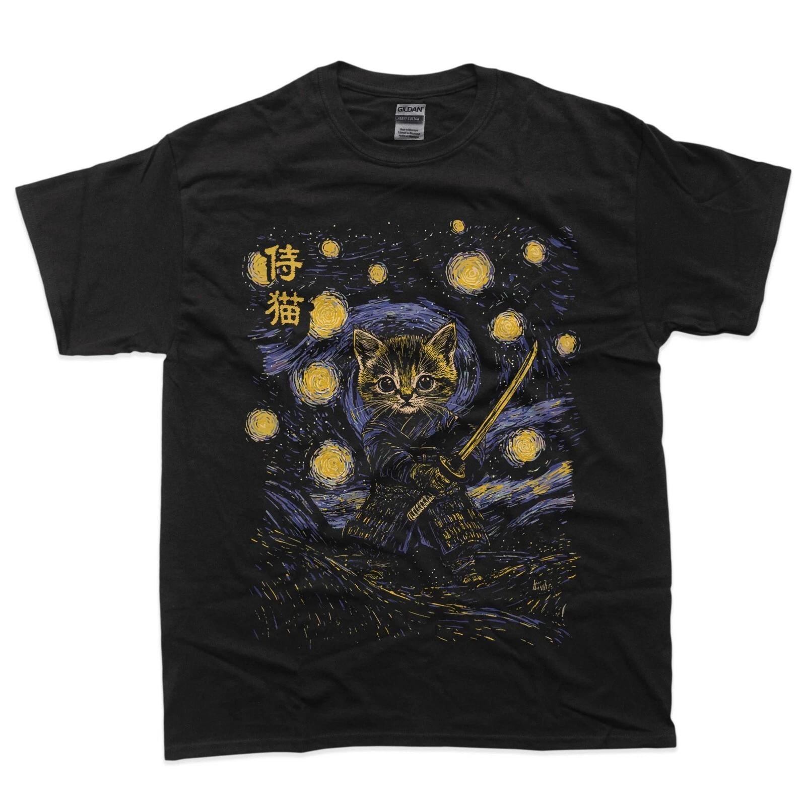 Japanese Samurai Ninja Cat in Starry Night Style T-Shirt M