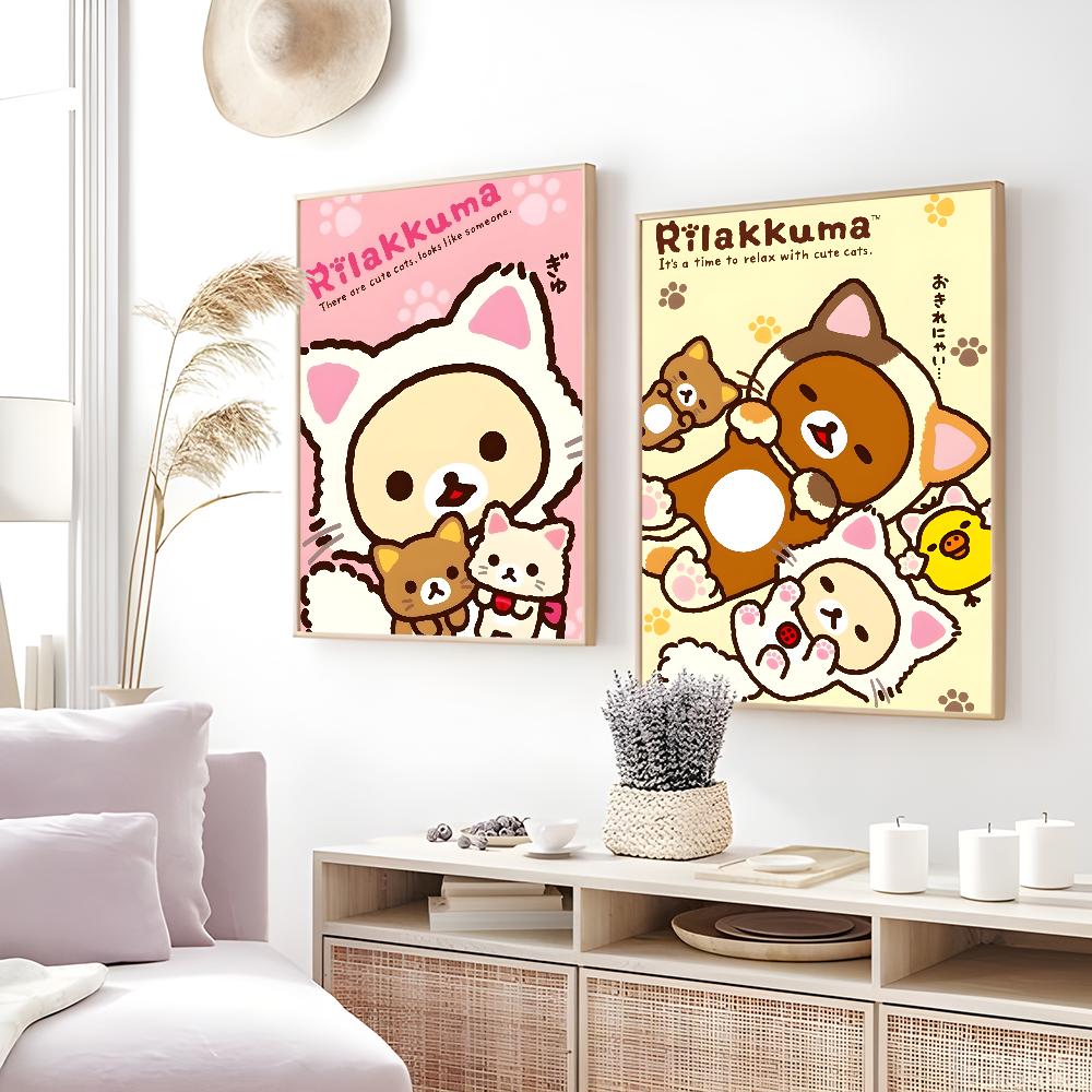 Uroczy Kreskówkowy Anime Rilakkuma Klasyczny Plakat HD 4K Samoprzylepny Druk na Ścianę Wodoodporny Wystrój Estetyczny do Domu Salonu Sypialni Baru