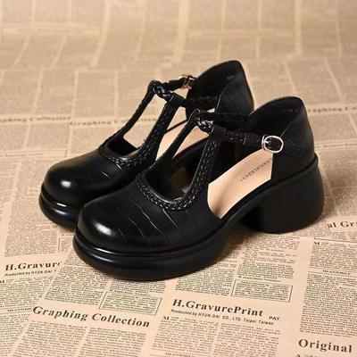 Baotou Sandals Women's Summer New Round Head Light Mouth One-word Buckle Thick Heel Thick Sole Not Tired Feet Hollowed Mary Jane Sandals