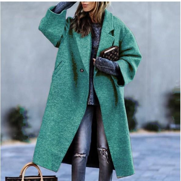 Abrigo de lana europeo y americano para otoño/invierno, verde, con solapa, holgado, sin cinturón, elegante y chic.