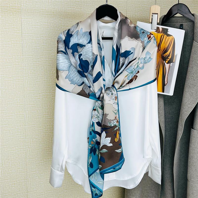 53*170cm High-grade 100% Mulberry Silk Thin Long Scarf Printed Flower Shawl Neckerchief Gift for Women