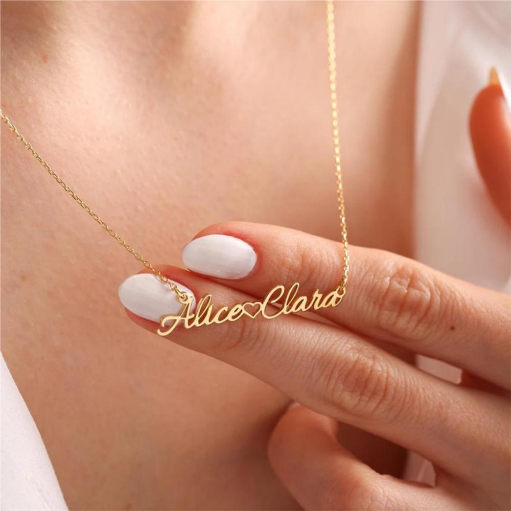 EMANCO Personalized Double Names Necklace with Love Heart Customized Name Pendant Women Stainless Steel Jewelry Couple Gifts