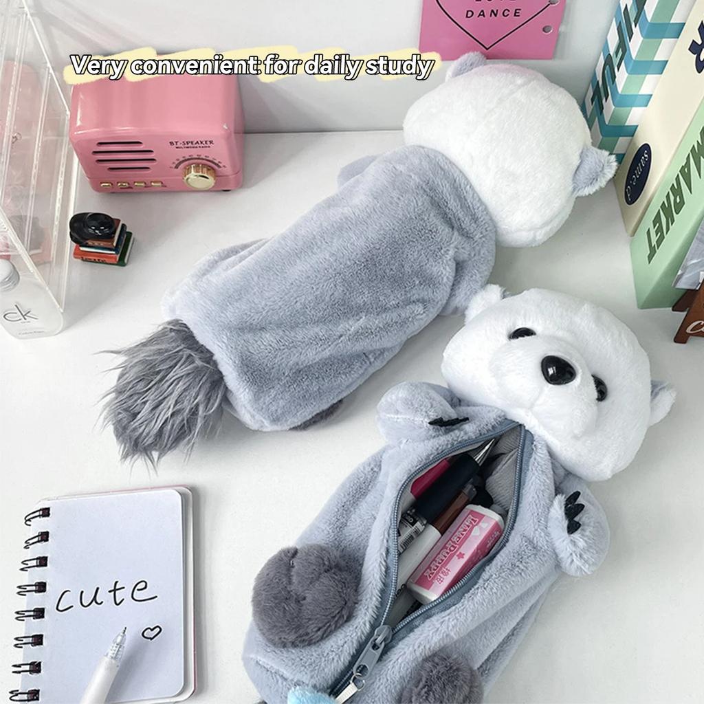 Plush Otter Pencil Case Large Capacity, Expandable Portable Cosmetic Stationery Bag For Students, Soft Plush