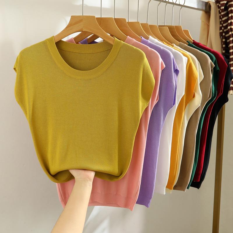 Summer Round Neck Knitted Casual Women's T-shirt Elegant Loose Ice Silk Thin Fit Solid Color Short Sleeve Tee Tops Ladies Simple Fashion T Shirt 3097