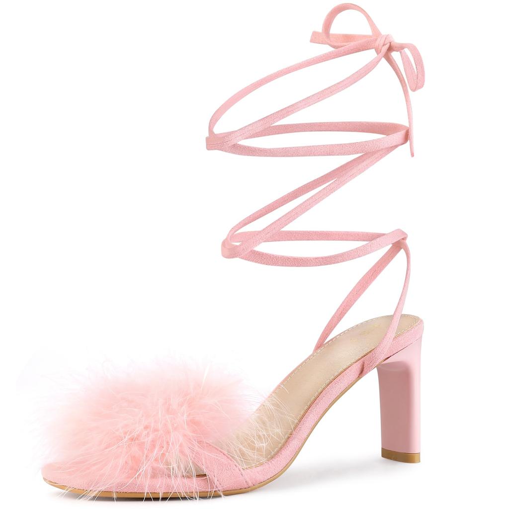 Allegra K Women's Faux Fur Slingback Block Heel Lace-Up Sandals, Pink, Size 23.0cm