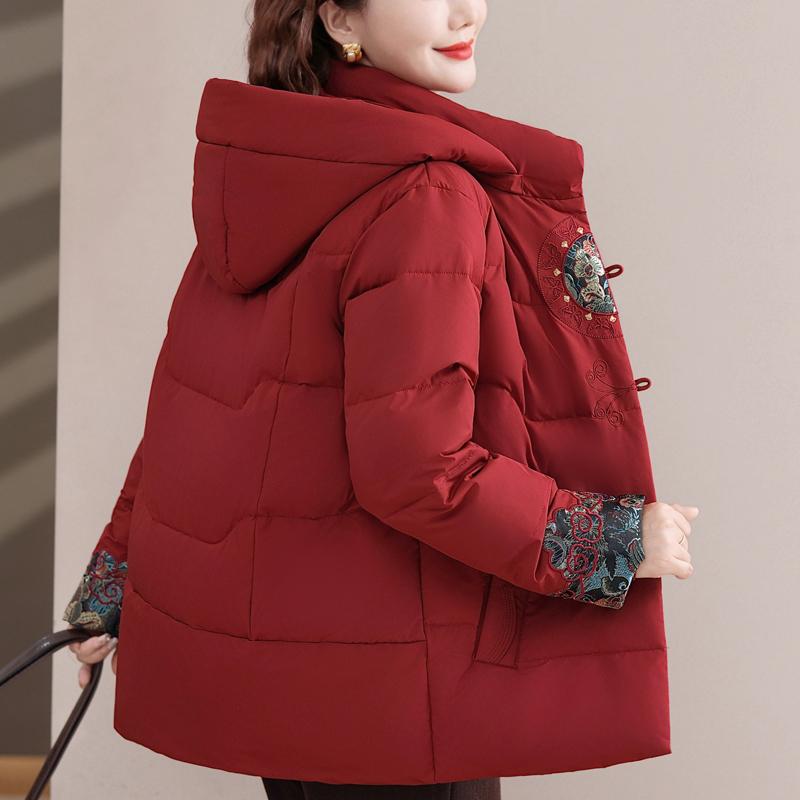 Plus Size Middle Age Women's Winter Down Jackets Hooded Thick Warm Embroidery Down Coats Woman Outerwears