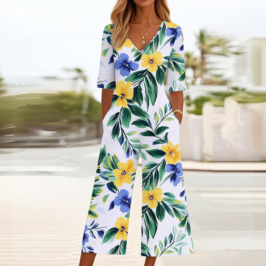 Dámský volný ležérní overal s potiskem s výstřihem do V, slim fit overal se širokými nohavicemi, overal se širokými nohavicemi