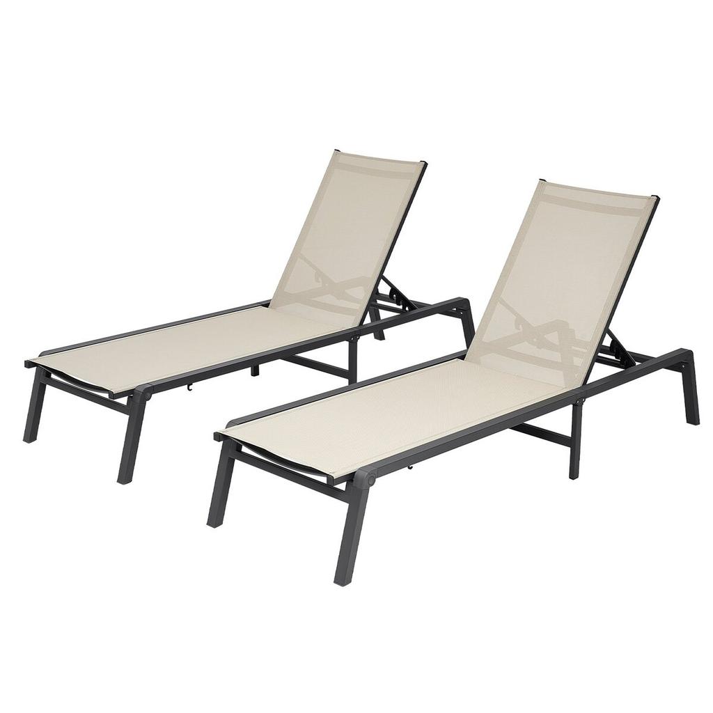 Outdoor Chaise Lounge Chair Set of 2, 181 kg Weight Capacity, Foldable Sun Tanning Chair, 5 Adjustable Positions, Easy Assembly, Aluminum Pool