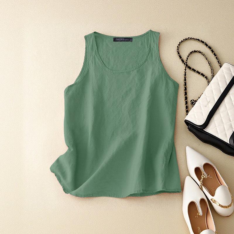 ZANZEA Women Casual Round Neck Solid Color Sleeveless Cotton Vest Tank Tops