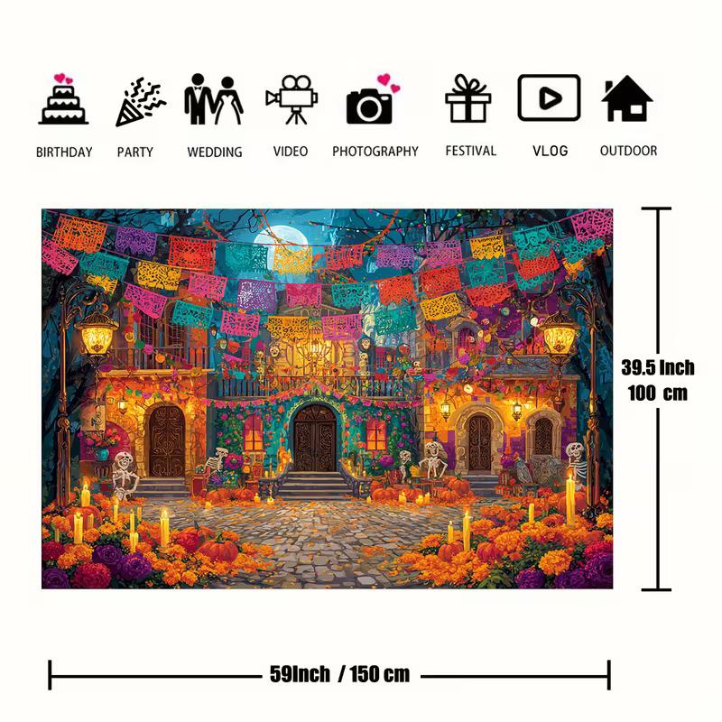 2D Día De Los Muertos Street Scene Wall Tapestry, Colorful Mexican Holiday Backdrop for Living Room