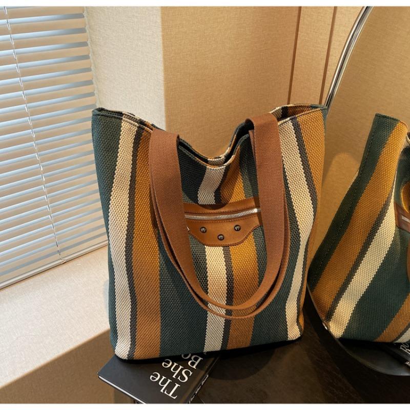 New Women's Bag Trendy Sweet Contrasting Handbag Canvas Bag Striped Tote Bag Large Capacity Shoulder Bag