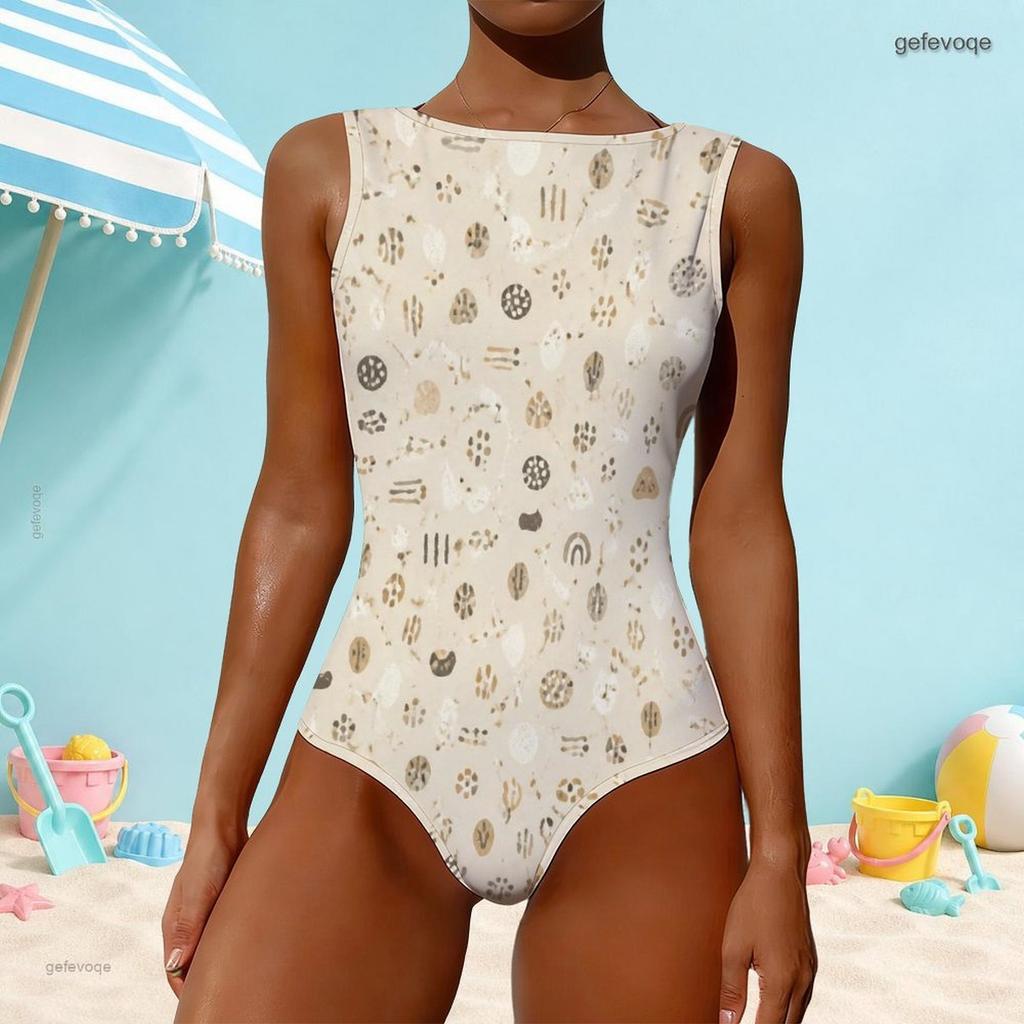 Women Plus Size High Round Neck Sleeveless Beige Printed One Piece Swimsuit