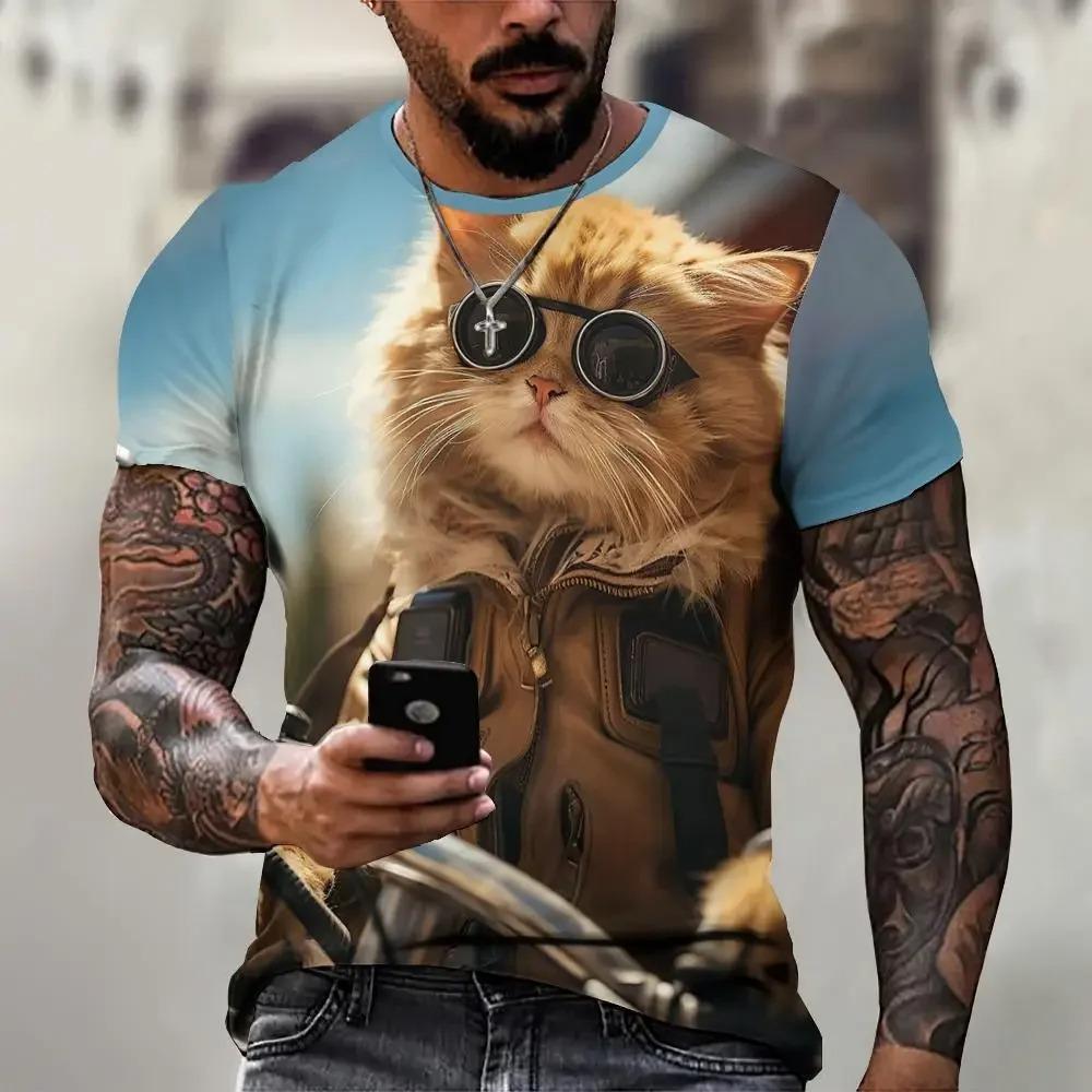 Summer Round Neck 3D Cool Cat Graphic Print Top Fashionable Casual Short Sleeved Men's T-shirts