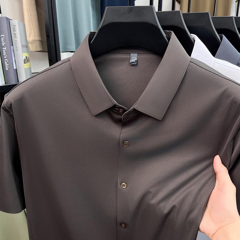 Pánská letní bezešvá košile s krátkým rukávem z ledového hedvábí - Prodyšná, jednobarevná, Business Casual, s krátkým rukávem.