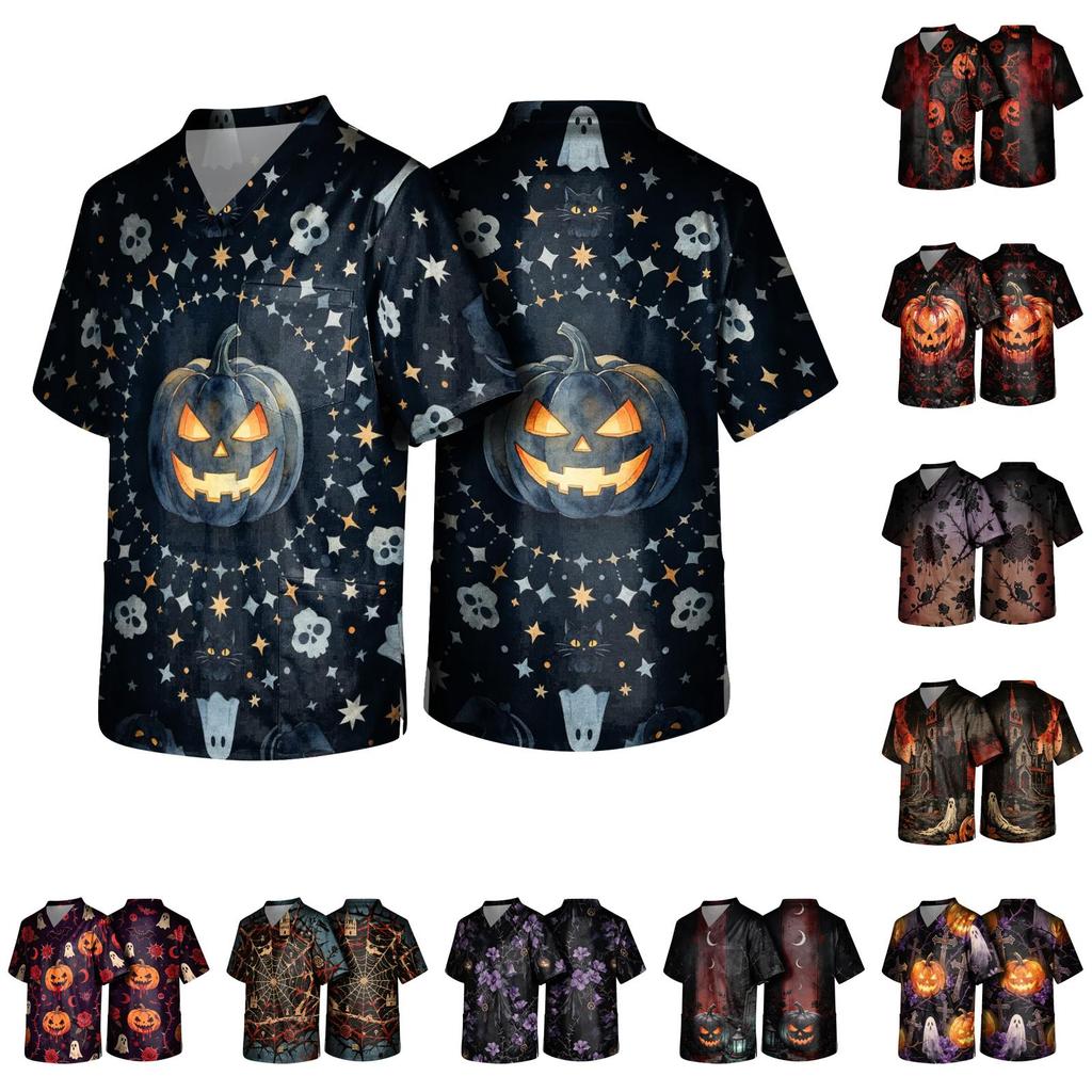 Men's Halloween Print Scrub Top Short Sleeve for Work Uniform