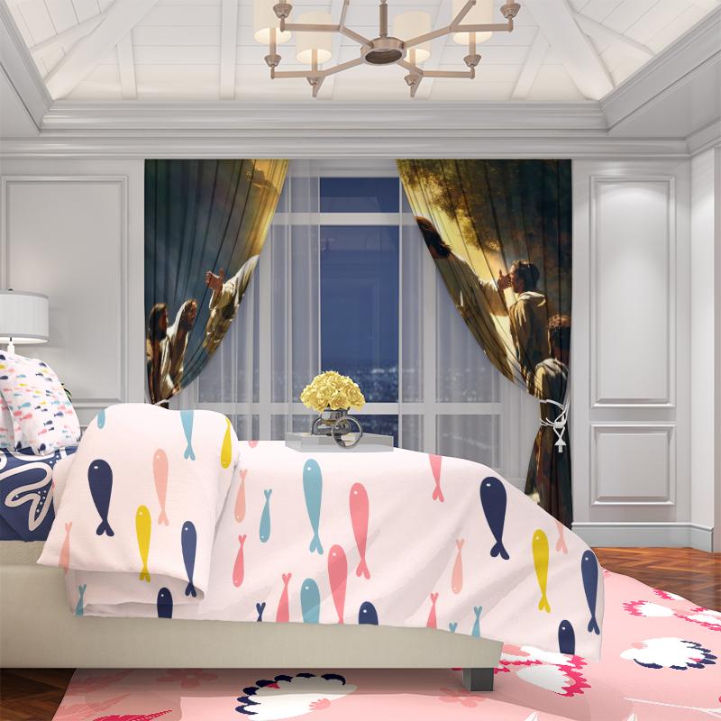 Jesus Painting Printed Curtain, Polyester Semi-transparent 2pcs Curtain -, Suitable for Living Room Decoration, Home Decoration