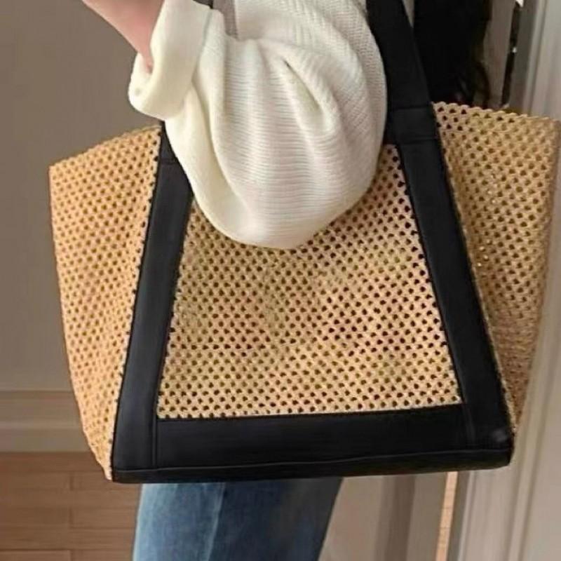 Womens 2025 Woven Straw Tote Bag Large Capacity Shoulder Minimalist Chic Design Soft PU Interior Casual Travel Use