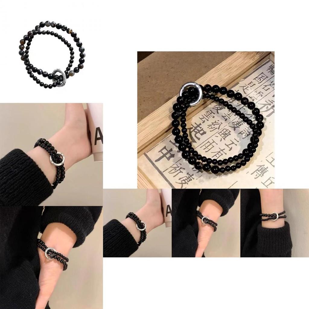 Stylish Double Circle Bracelet Black Beads For Men And Women Trendy Retro Design