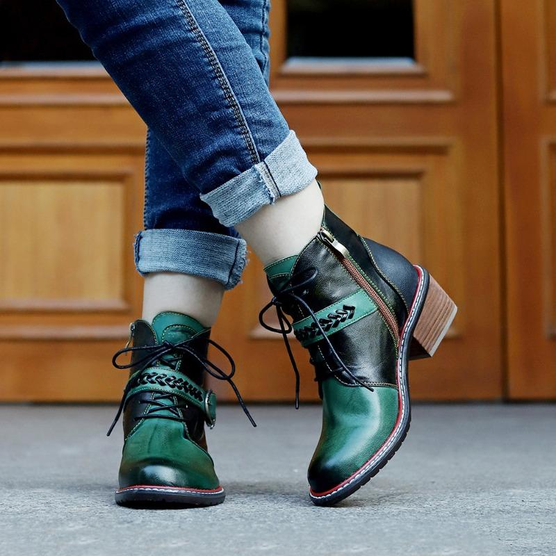 Herfst en winter nieuwe handgepolijste leren retro comfortabele dikke hak korte laarzen