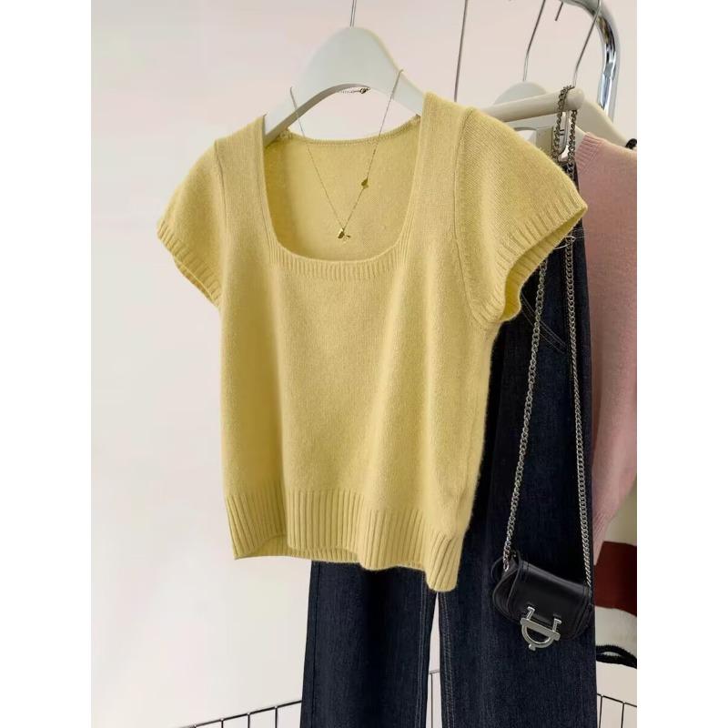 Spring and summer new square neck thin knitted sweater top women's fashion solid color gentle temperament simple bottom T-shirt