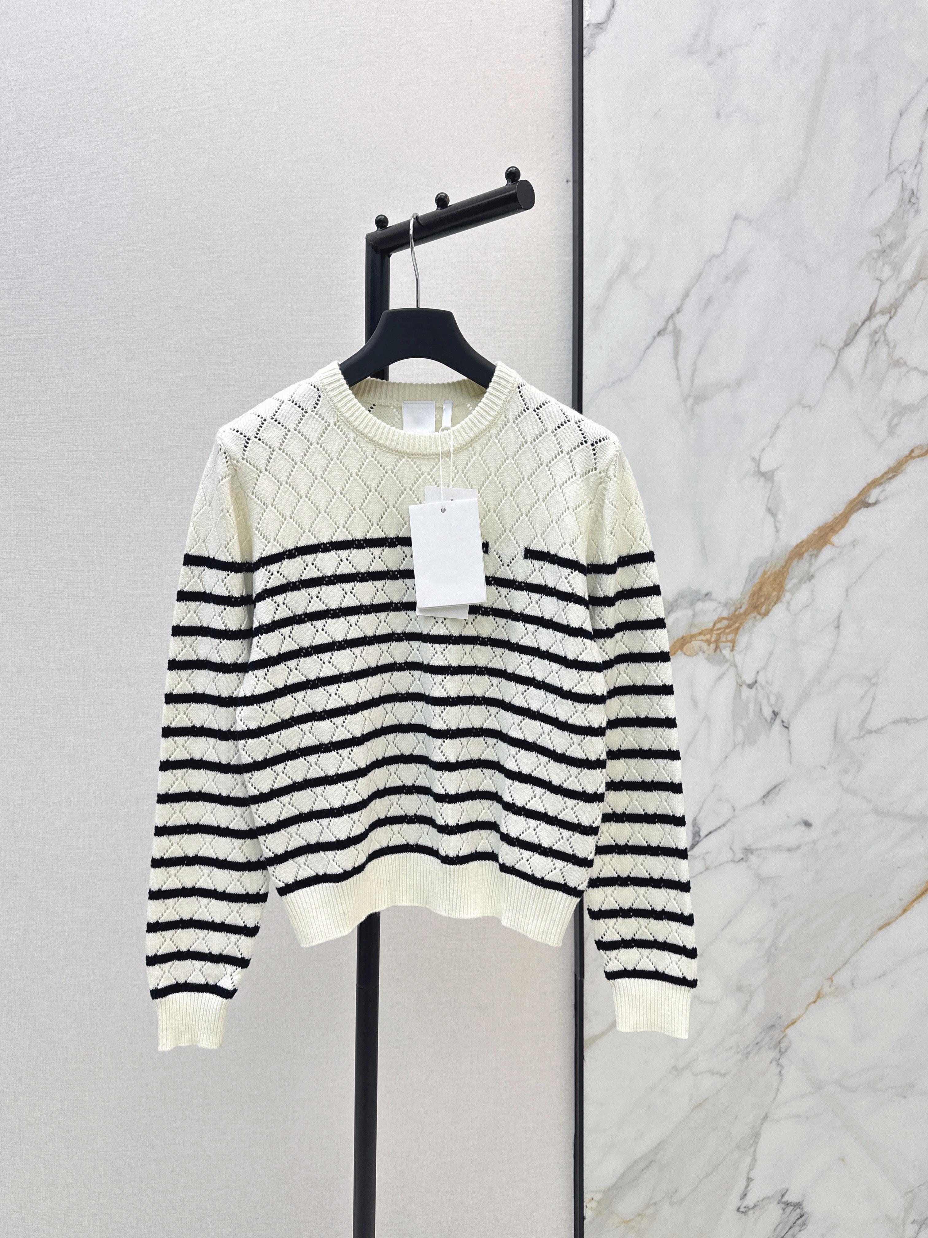 Uzel, letter embroidered striped knitted sweater women s spring 26 new French diamond hollow long-sleeved top S