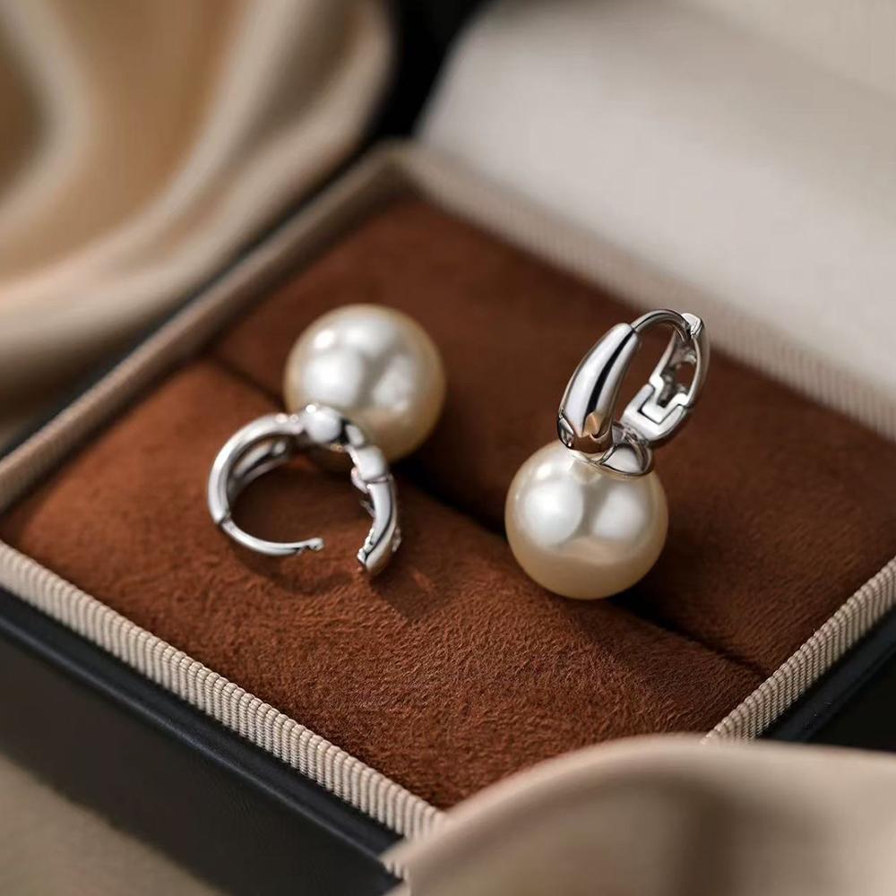 925 Silver Needle Round Pearl Minimalist Hoop Earrings For Women Party Classic Fine Jewelry Light Exquisite Accessories
