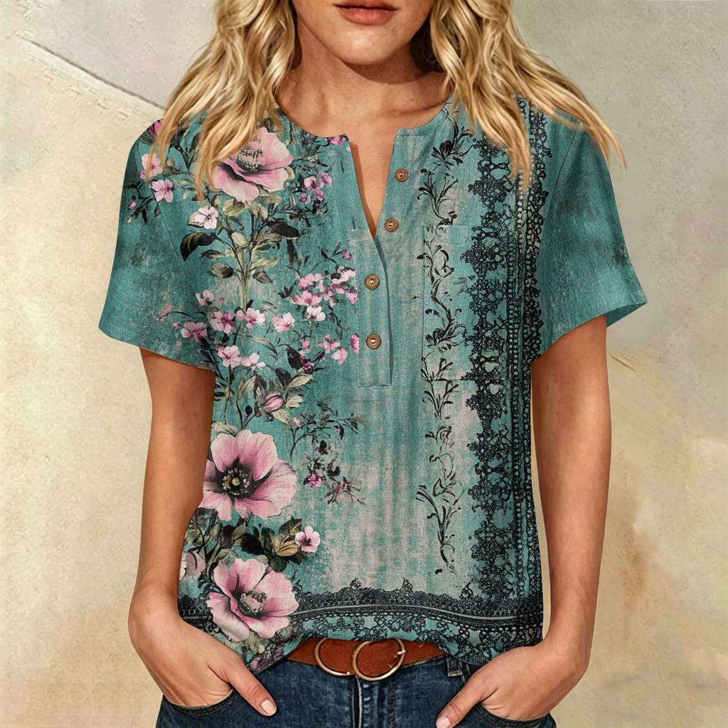 Women’s Fashion Printed Henley Button Neck Short Sleeve Cotton Linen Shirt with Chest Pocket and Modern Abstract Pattern