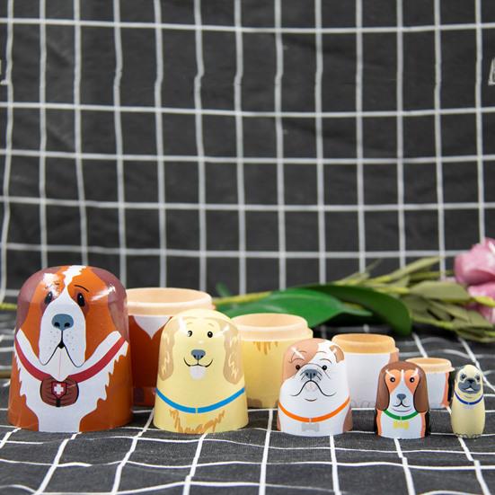 5Pcs/Set Dog Russian Nesting Doll 5 Layers Handmade Wooden Matryoshka Puppy Stacking Toy Home Office Desktop Decoration Ornament