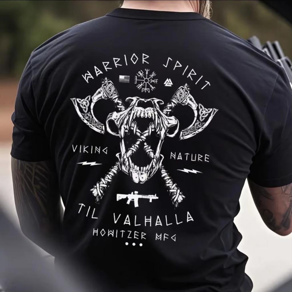 Unisex Graphic T Shirt Howitzer Mfg Warrior Spirit Viking Axe Beast Skull Circle Badge Large Back Print Til Valhalla Norse