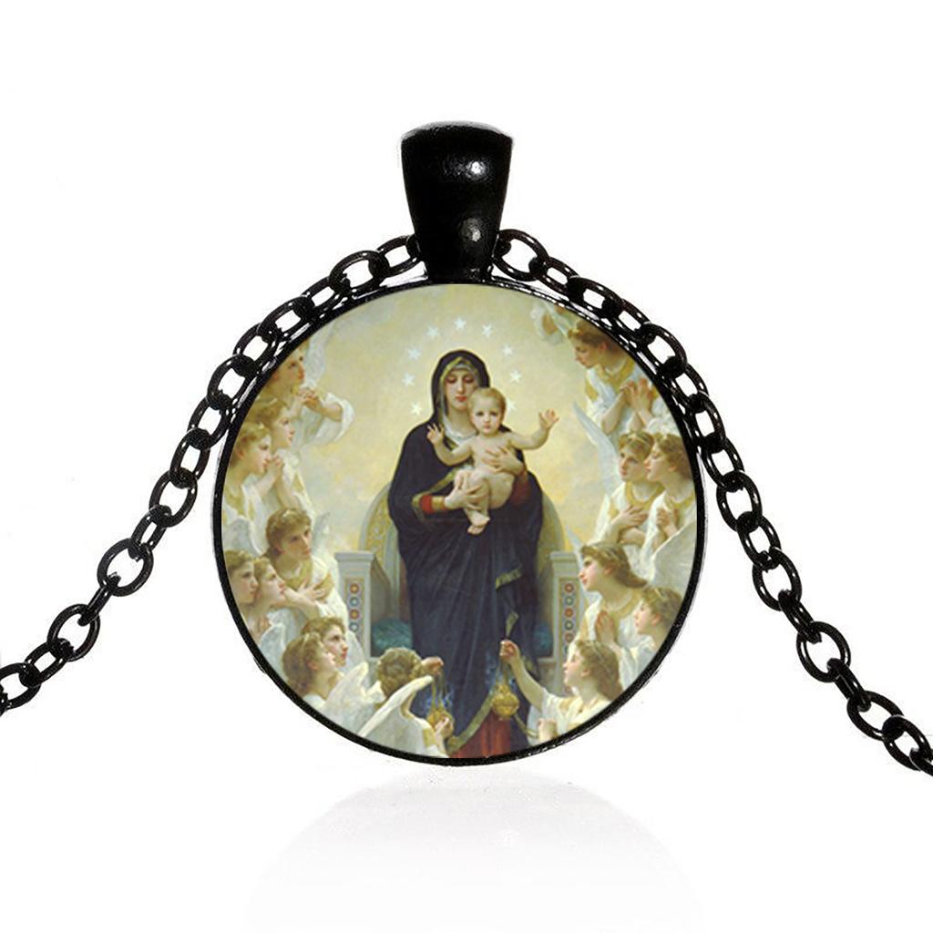 Unsere Liebe Frau der Engel Schwarze Halskette Jungfrau Maria und Kind Jesus Katholische Medaille Religiöser Anhänger mit Kette
