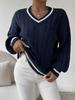 2024 European & American Color Block V-Neck Cable Knit Sweater - Autumn/Winter Loose Fit Women's Fashion.