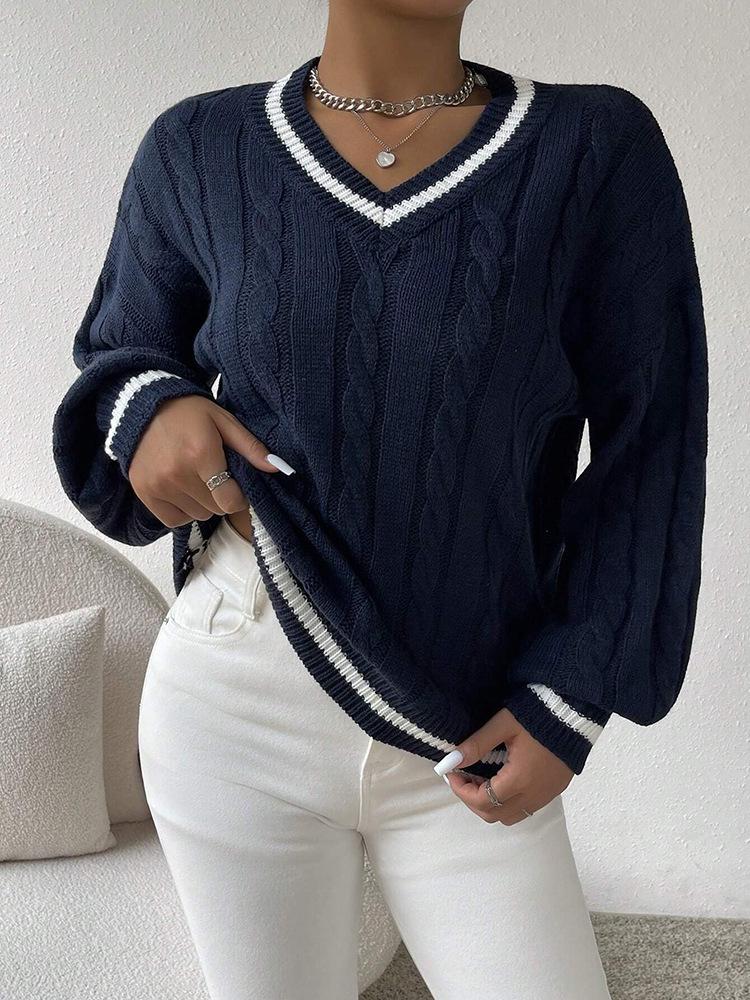 2024 European & American Color Block V-Neck Cable Knit Sweater - Autumn/Winter Loose Fit Women's Fashion.