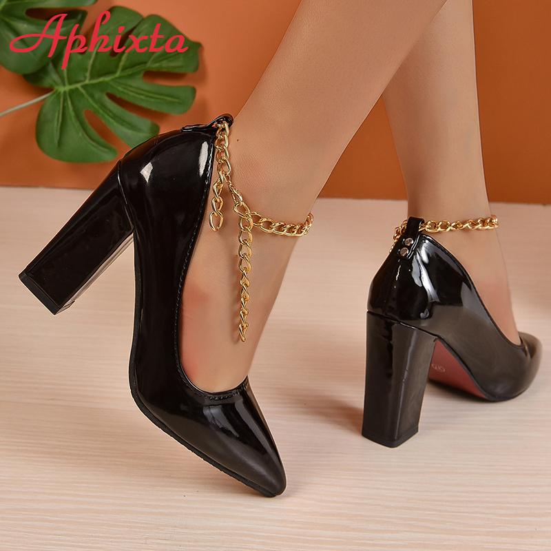 Fashion Aphixta Hot Sale Sexy Super High Heel 10cm Square Heels Pumps Women Gold Metal Chain Ankle Strap Shoes Pointed Toe Big Size50 53
