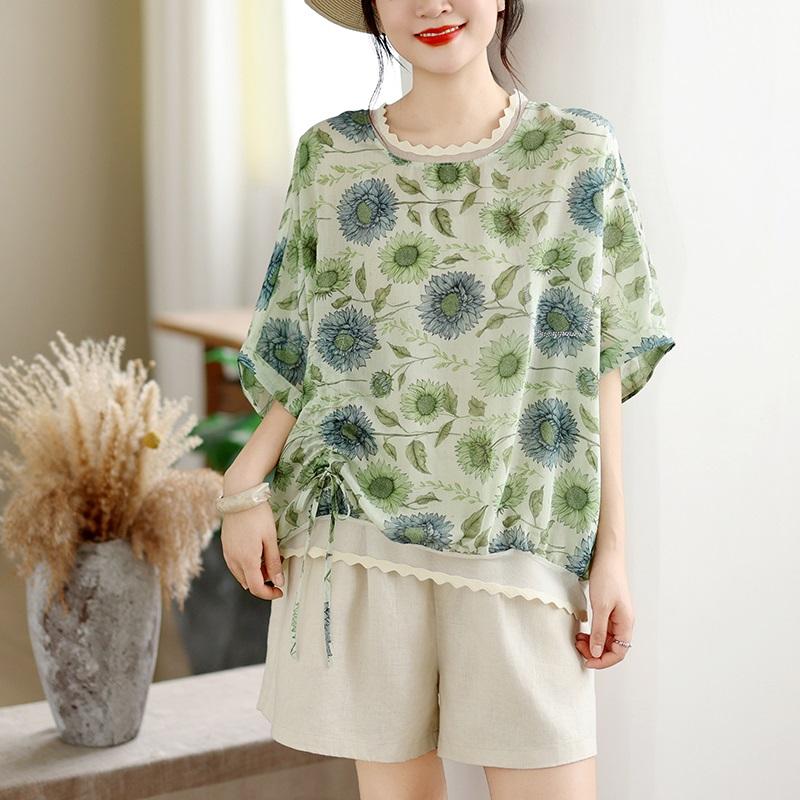 Short sleeve Oversized vintage floral Casual loose t shirt tops Women summer t-shirt