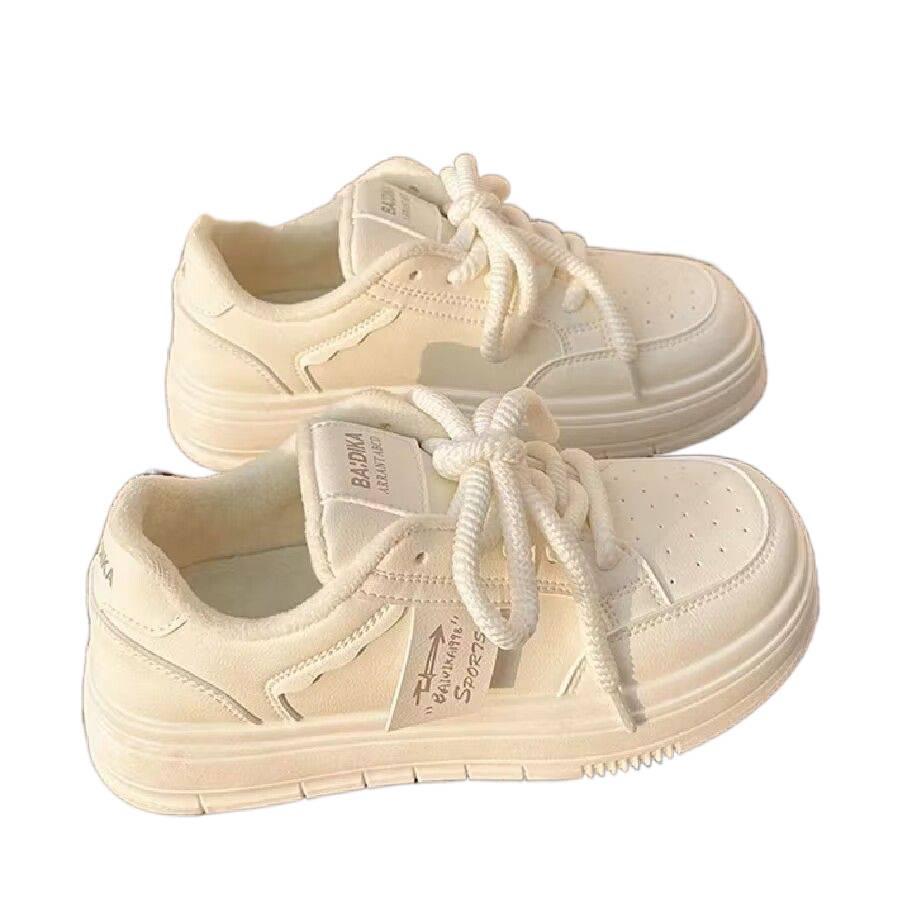 Women's Trendy Velvet-Lined Thick-Soled White Sneakers for Autumn/Winter
