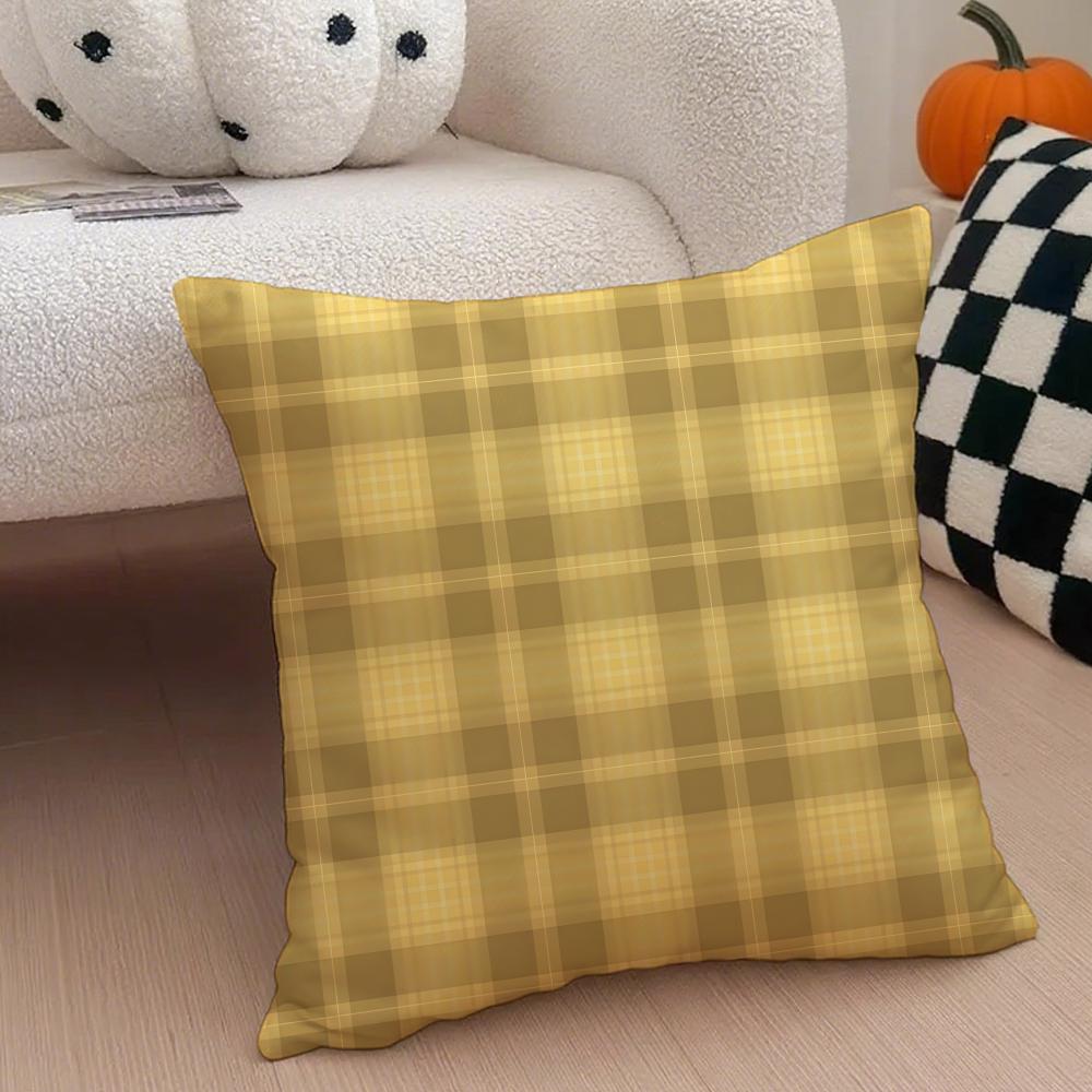Klassischer gelber Tartan-Kissenbezug mit verdeckten Knöpfen, strapazierfähiges Polyester, Stuhlkissen