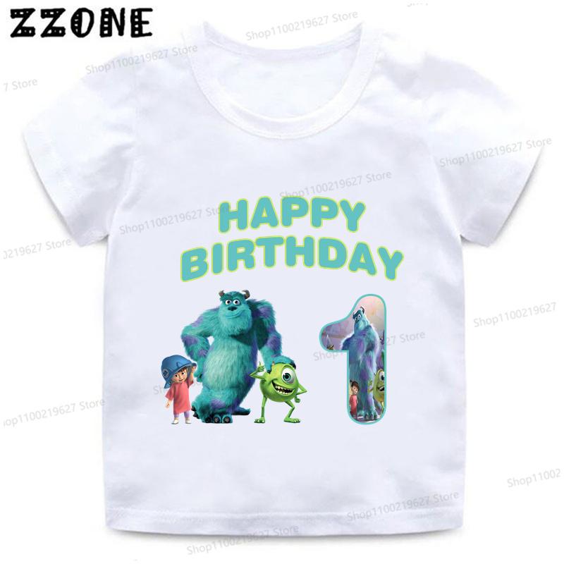 Monsters Inc University Print Cartoon Girls Clothes 1 2 3 4 5 6 7 8 9 Years Birthday Kids T shirt Baby Boys Children T-Shirt