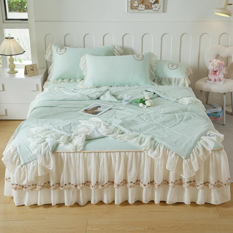 Romantic French Lace Ruffle Bed Skirt Ice Silk Cool Mattress Cover With Summer Quilt Pillowcases