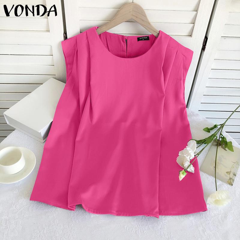 VONDA Women Summer Round Neck Sleeveless Solid Color Vests