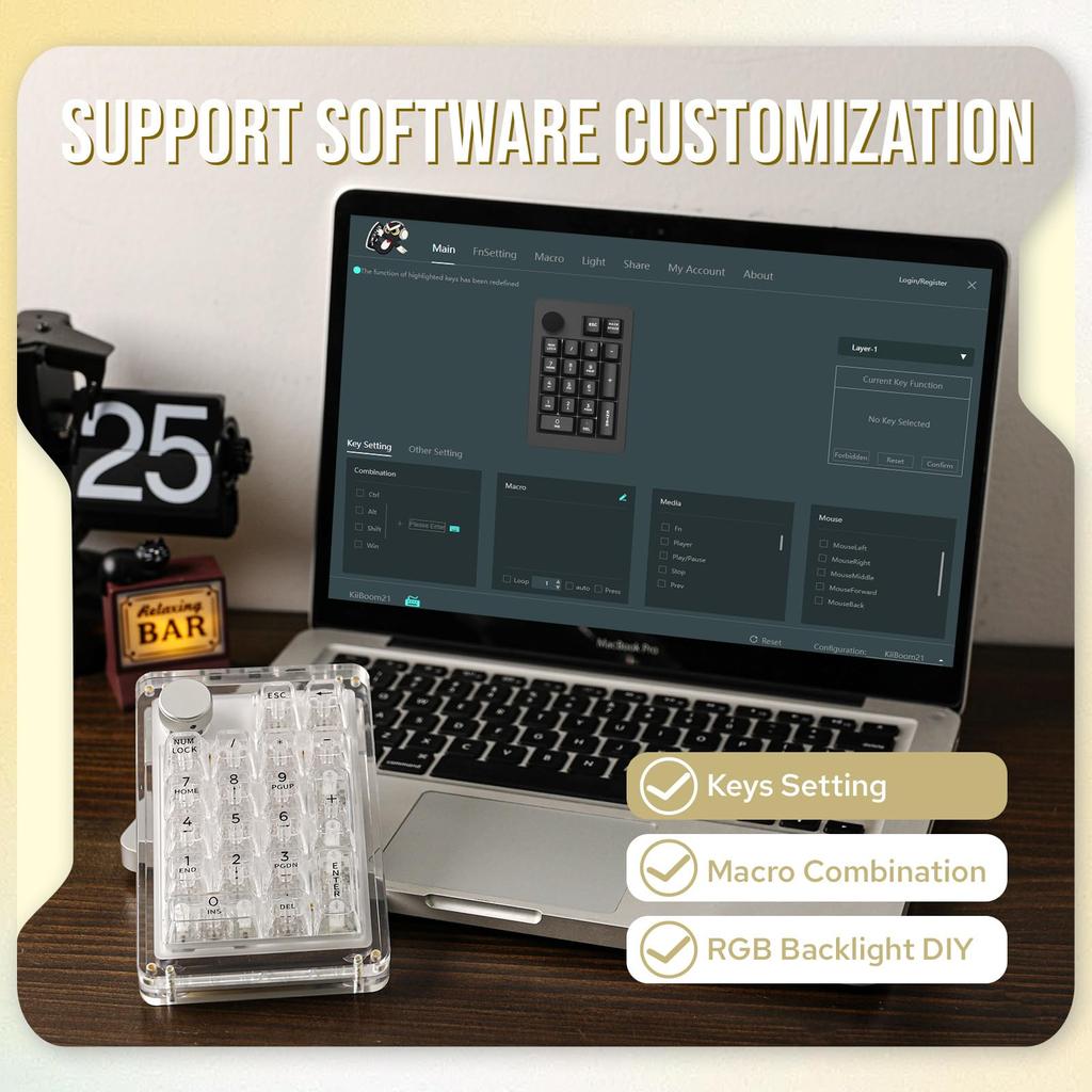 KiiBoom Phantom 21 Gaming Crystal Numeric NKRO Programmable Numeric Keypad with RGB Lighting for Windows and 1900mAh Keyboard, Hot-Swappable Keypad,