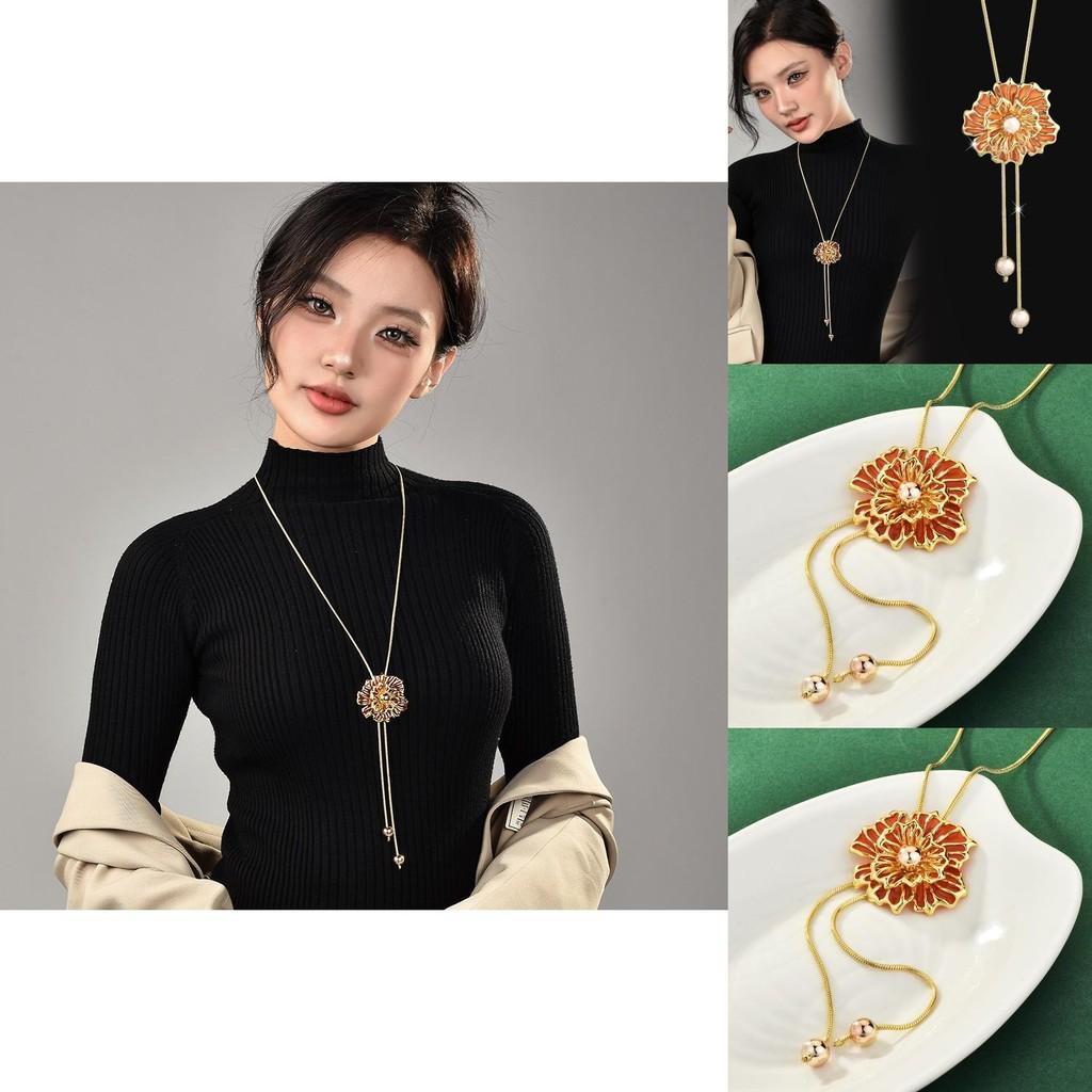 Flower Trendy Rose Sweater Chain Necklace For Women With Hollow Floral Accents And Charm