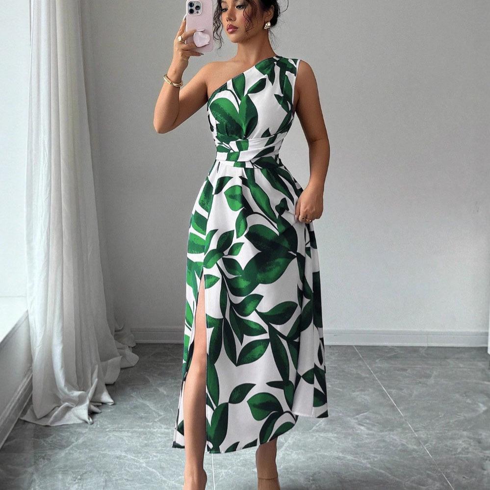 Floral Print One-Shoulder Slit Maxi Dress - Sexy Vacation Style for Spring and Summer