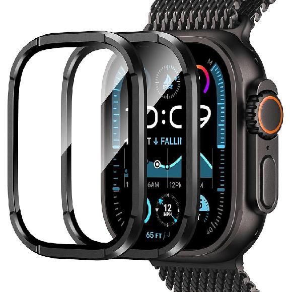 Amizee 2 Pack Metal Case Compatible with Apple Watch Ultra/Ultra 2 Screen Protector Case 49mm with Tempered Glass, Metal Frame Built In HD Glass