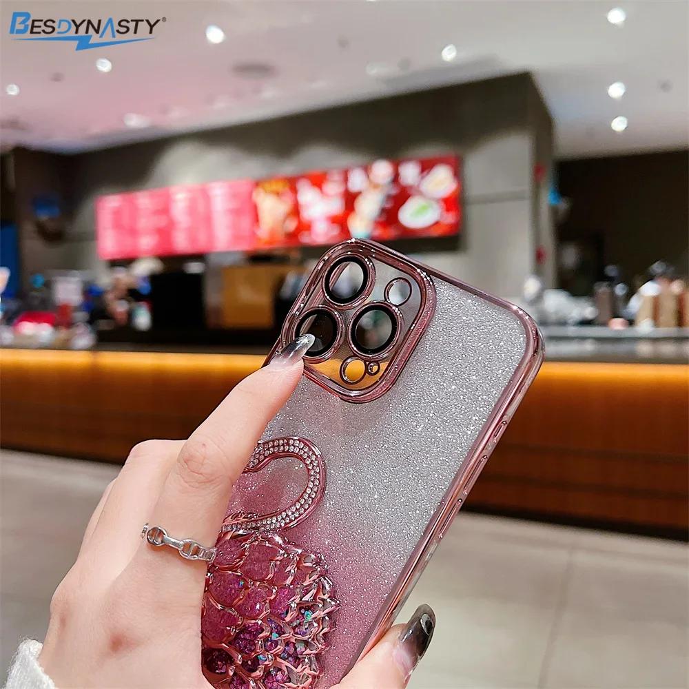 Gradient Diamond Swan Holder Case For iPhone 17 Air 16 15 ProMax 14 13 12 Pro Max Plus 11 Glitter Quicksand Silicone Soft Cover