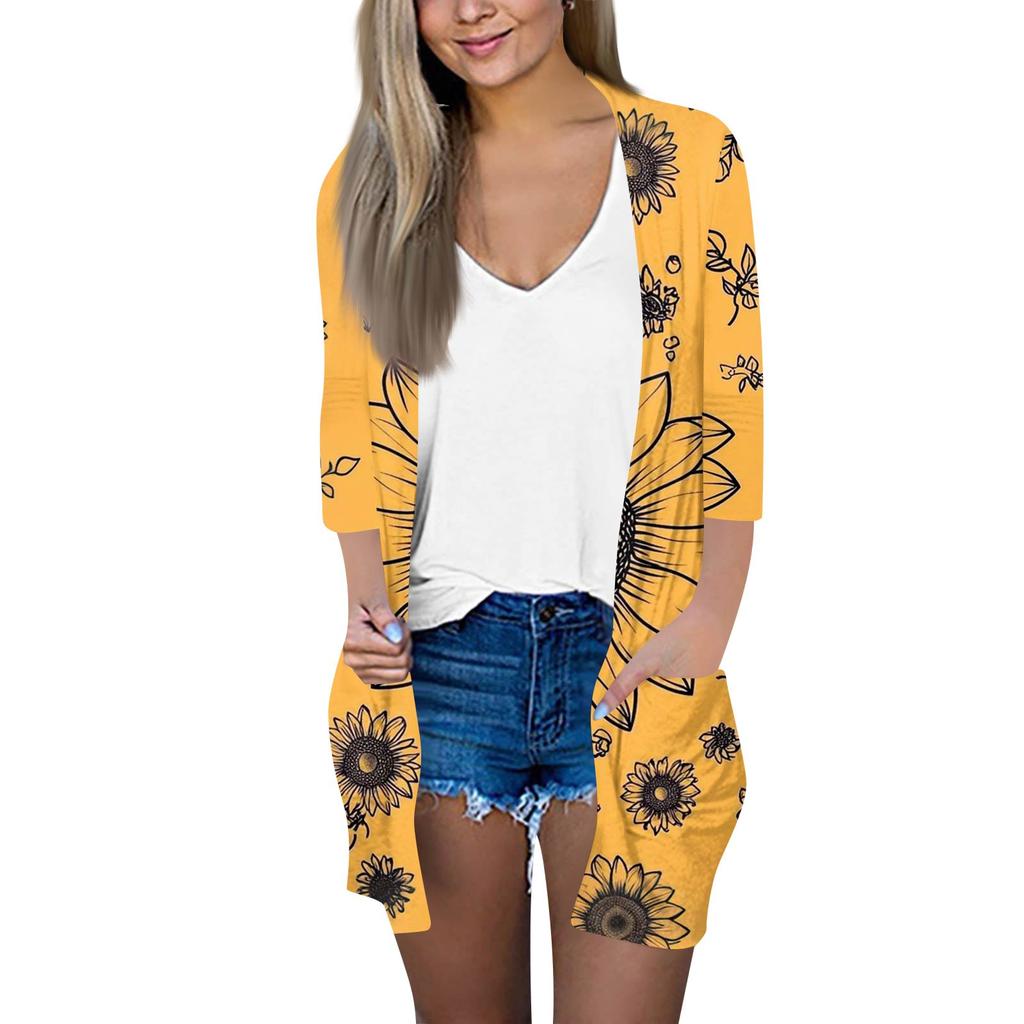 Women's Fashion Loose Casual Pocket Printed Cardigan Seven Sleeve Jacket Top