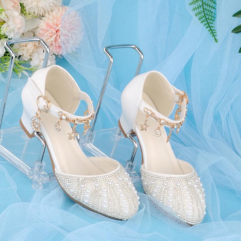 Girls Crystal Bow High Heel Shoes Shiny Princess Dress Footwear Piano Performances Leather Kids Party Pumps