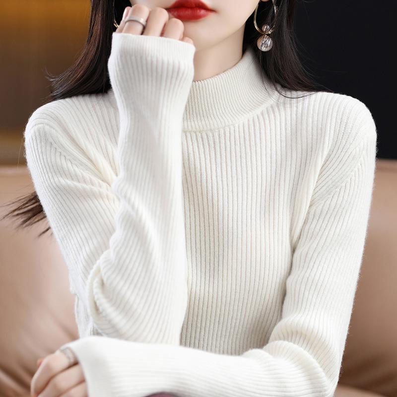 

Autumn and winter new striped semi-turtleneck women s knitted sweater slim-fitting and thin top inside and outside bottoming shirt S
