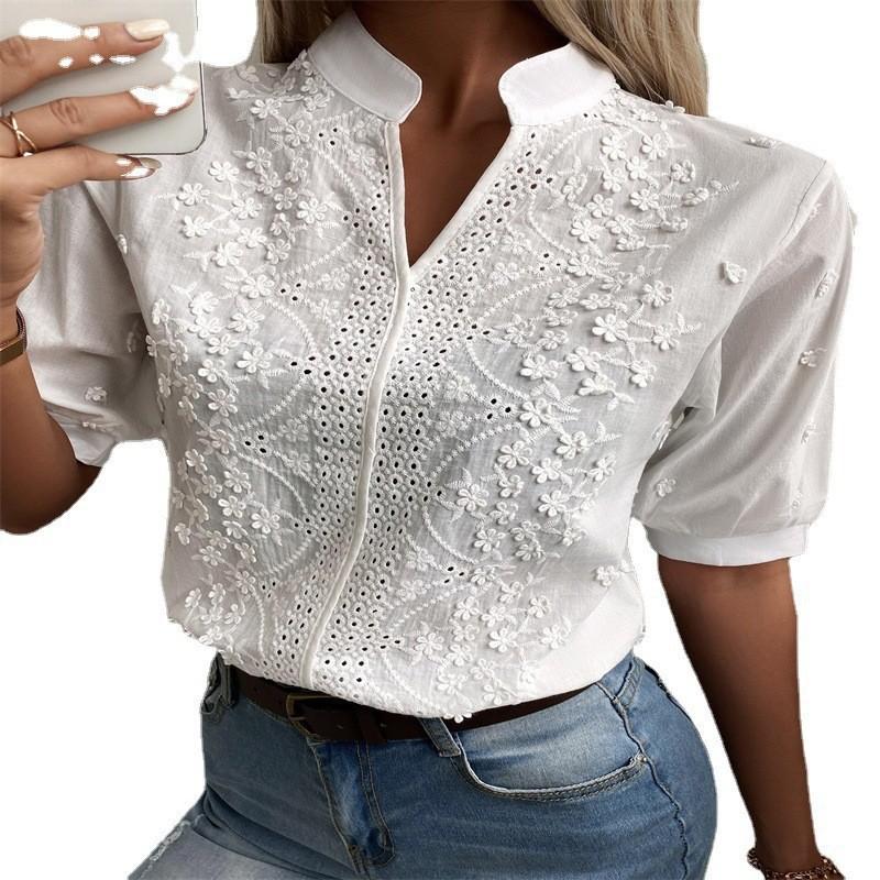 Summer Elegant Short Sleeve White Shirt Vintage Tops Crochet Hollow Blouses For Women Fashion Cotton Clothing